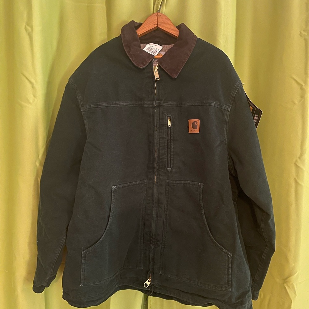 Carhartt Dark Green Duck Jacket with Brown Corduroy Collar